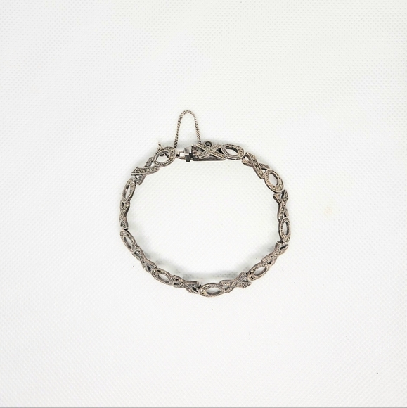 Sterling Silver Marcasite Wide XO Link Bracelet with Safety Chain - Picture 2 of 4